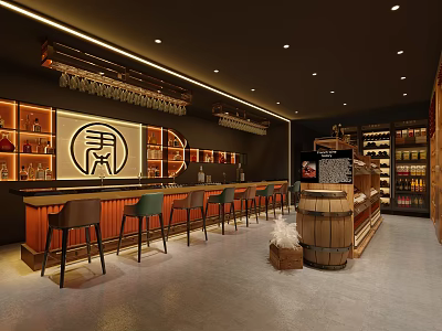 Tobacco and Liquor Store Interior With Bar Counter Stools Wine Racks And Wooden Barrel Bottles 3d model