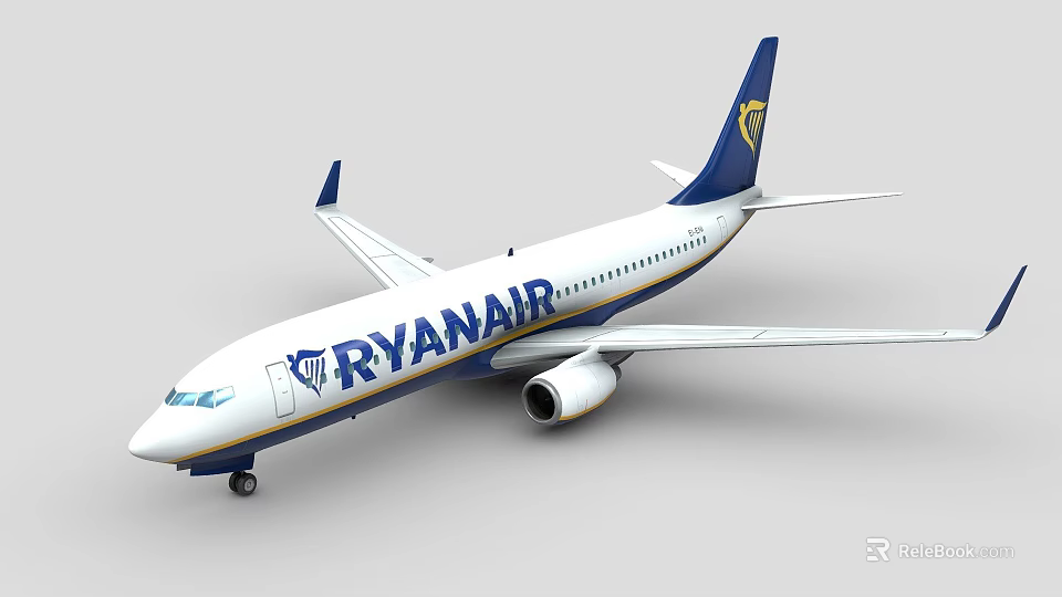 White and Blue Ryanair Passenger Airplane With Tail Logo Exterior View 3d model 