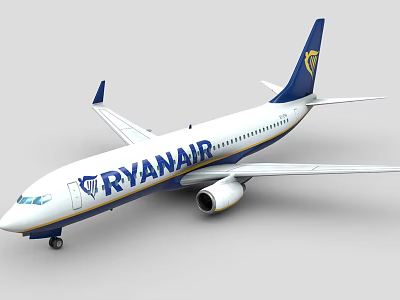 White and Blue Ryanair Passenger Airplane With Tail Logo Exterior View 3d model