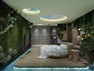 Hotel Room Interior With Green Plant Walls Wooden Floor Platform Round Skylights And Water Feature 3d model