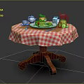 Wooden Round Dining Table Set With Red White Checkered Tablecloth Dishes And Breakfast Items