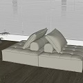Beige Tufted Two Seater Sofa With Cushions On Wooden Floor Near Blinds
