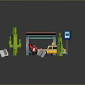 Toy Block Scene With Cacti Bus Stop Shelter Yellow Taxi And Figure