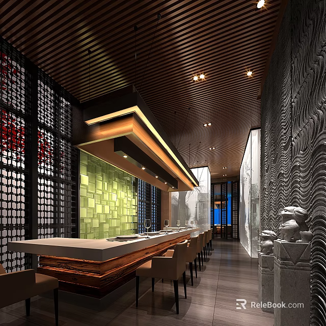 Modern Restaurant Interior With Long Bar Counter Green Wall Wooden Ceiling And Traditional Grille Windows 3d model 
