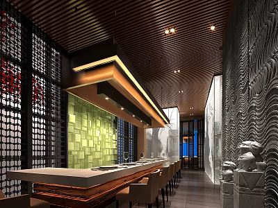 Modern Restaurant Interior With Long Bar Counter Green Wall Wooden Ceiling And Traditional Grille Windows 3d model