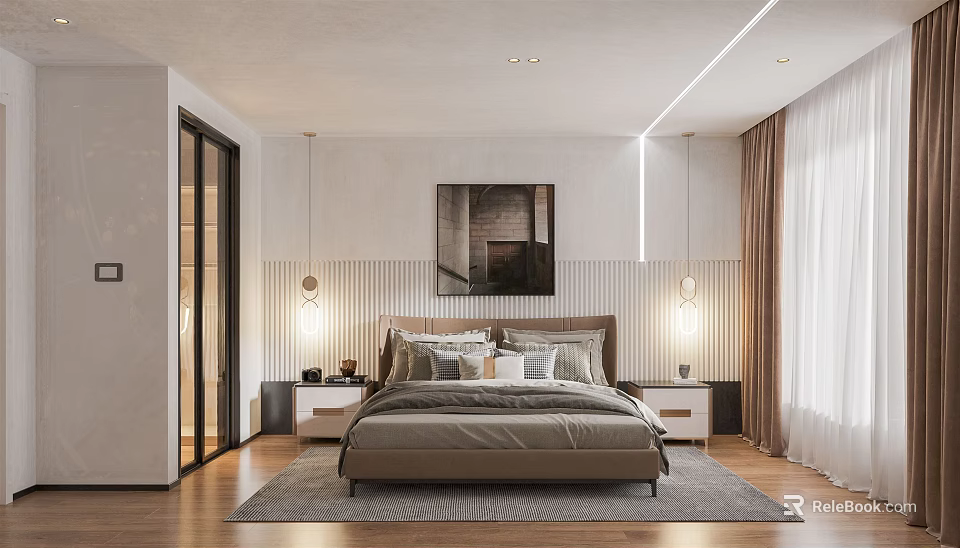 Modern Bedroom Interior With Comfortable Bed Nightstands Table Lamps Wall Art Wooden Flooring And Rug 3d model 