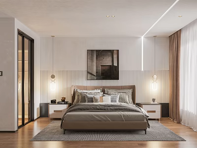 Modern Bedroom Interior With Comfortable Bed Nightstands Table Lamps Wall Art Wooden Flooring And Rug 3d model
