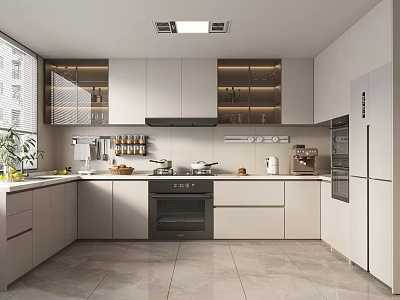 Modern Kitchen Interior With White Cabinets Island Counter Appliances And Natural Light 3d model