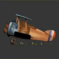 Cartoon Biplane With Blue Wings Wooden Propeller On Green Grass With Small Flowers