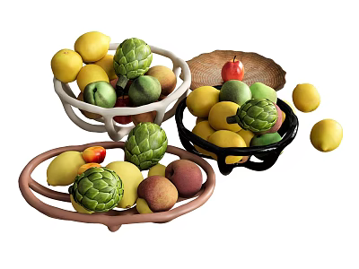 Fresh Lemons Avocados Peaches And Apples In White Black And Brown Fruit Bowls 3d model