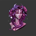 Fantasy Female Character Bust With Purple Hair Flower Decorations And Glowing Orbs