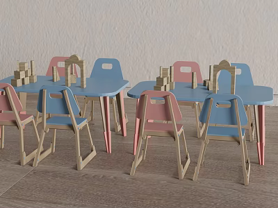 Kids Table and Chairs Set with Blue Pink Colors and Building Blocks for Children Room 3d model