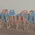 Kids Table and Chairs Set with Blue Pink Colors and Building Blocks for Children Room