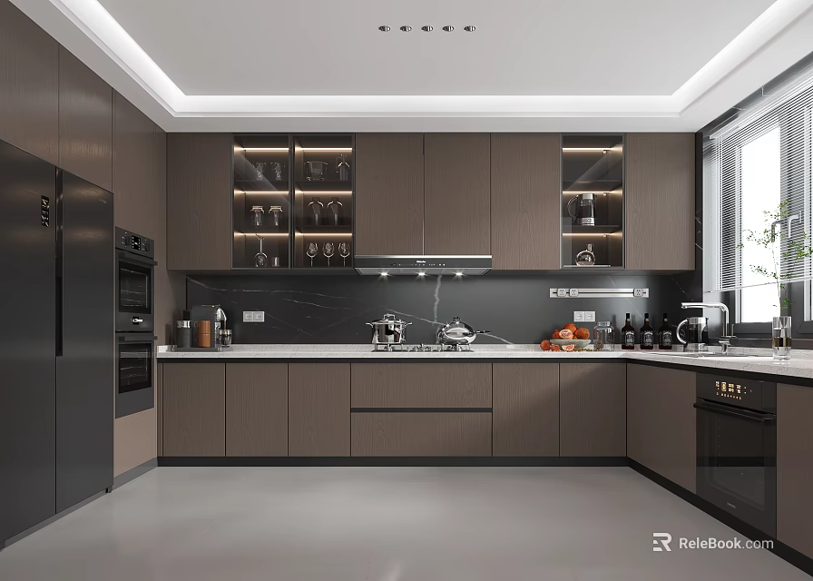 Modern Kitchen Interior With Dark Cabinets Glass Door Storage Built In Appliances And Black Countertop 3d model 