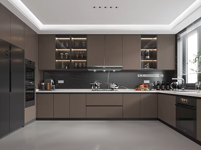 Modern Kitchen Interior With Dark Cabinets Glass Door Storage Built In Appliances And Black Countertop 3d model