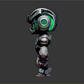 Cartoon Style 3D Robot Character With Green Eyes And Metallic Armor Chest Core