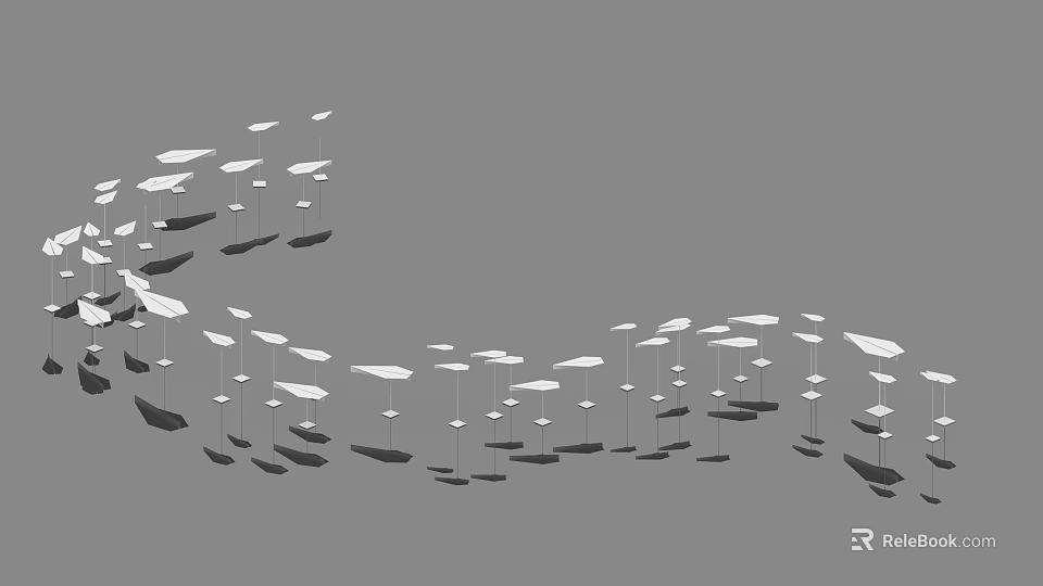 White Cloud Shaped Objects Hanging On Gray Background With Curved Arrangement And Black Shadows 3d model