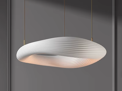 Modern White Wavy Striped Pendant Light Hanging From Gold Rods In Minimalist Gray Wall Background 3d model