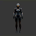 Female Sci Fi Game and Movie Character in Blue Armor With Orange Details