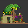 Fresh Assorted Fruits on Wooden Stall with Mango Palm Tree and Vegetables