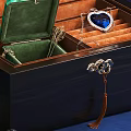 Dark Wooden Display Cabinet with Orange Velvet Lining Green Box and Blue Gemstone Jewelry