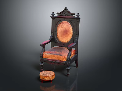 Vintage Dark Wooden Chair With Carved Details And Orange Patterned Cushion And Round Stool 3d model