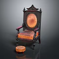 Vintage Dark Wooden Chair With Carved Details And Orange Patterned Cushion And Round Stool