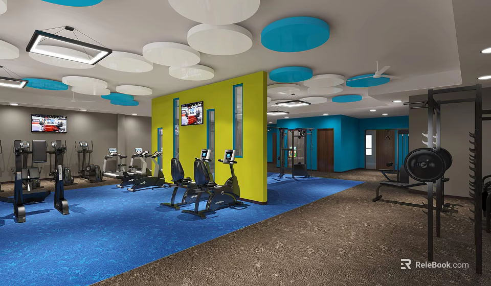 Bright Fitness Gym Interior With Blue Walls Round Pendant Lights TV And Exercise Machines 3d model 