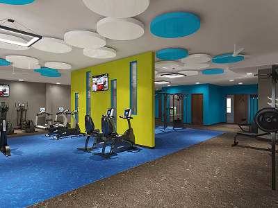 Bright Fitness Gym Interior With Blue Walls Round Pendant Lights TV And Exercise Machines 3d model