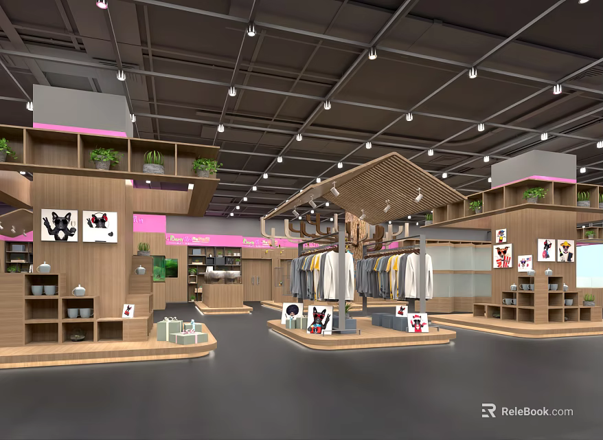 Modern Clothing Store Interior With Wooden Shelves Hanging Clothes Display Tables And Plant Decorations 3d model 