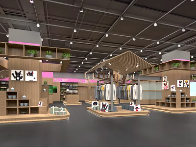 Modern Clothing Store Interior With Wooden Shelves Hanging Clothes Display Tables And Plant Decorations 3d model
