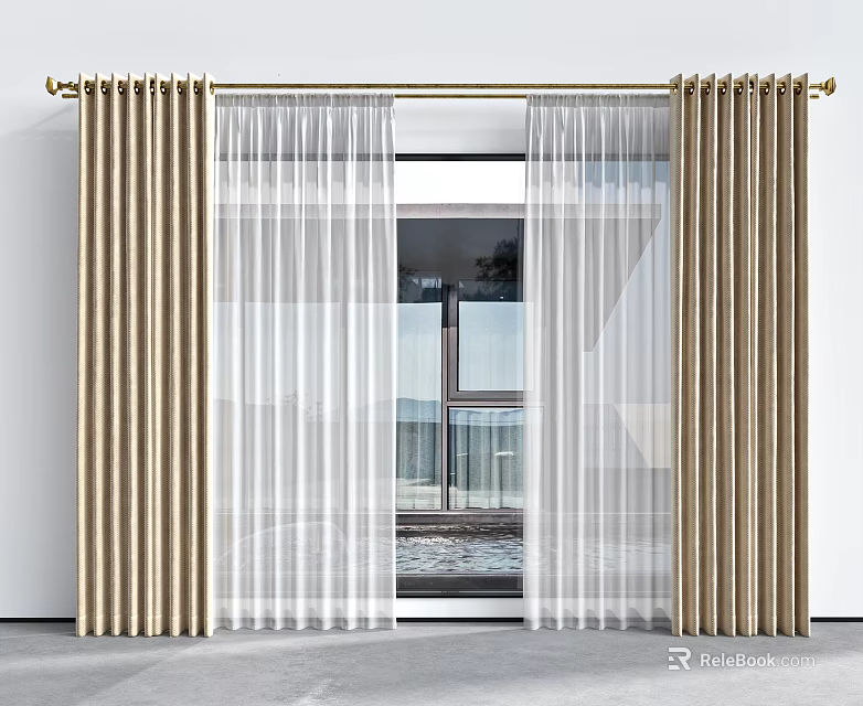 Elegant Golden Curtains With Sheer White Layer And Metal Rod For Modern Window 3d model 