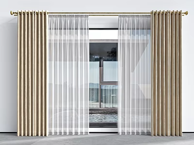 Elegant Golden Curtains With Sheer White Layer And Metal Rod For Modern Window 3d model
