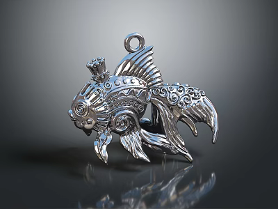 Elegant Silver Fish Pendant Featuring Intricate Patterns And Small Crown Design 3d model