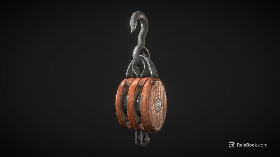 Industrial Pulley Block With Wooden Wheels And Metal Hook Heavy Duty Lifting Tool 3d model 