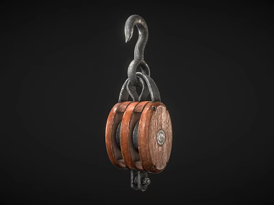 Industrial Pulley Block With Wooden Wheels And Metal Hook Heavy Duty Lifting Tool 3d model