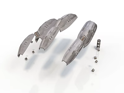 Two Metallic Spacecraft Components With Scattered Small Parts On White Background 3d model