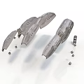 Two Metallic Spacecraft Components With Scattered Small Parts On White Background