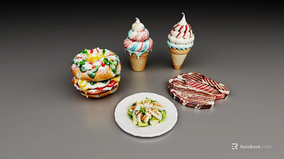 Assorted Delicious Food Including Hamburger Ice Cream Cones Salad And Bacon Slices 3d model 