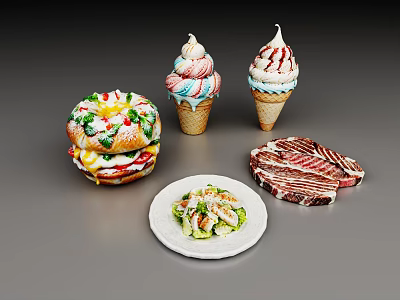 Assorted Delicious Food Including Hamburger Ice Cream Cones Salad And Bacon Slices 3d model