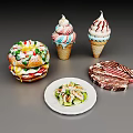 Assorted Delicious Food Including Hamburger Ice Cream Cones Salad And Bacon Slices