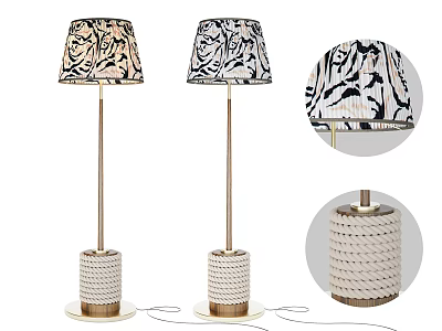 Pair of Modern Floor Lamps with Woven Base and Black White Patterned Shades 3d model