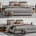 Modern Double Bed Bedroom Design With Gray Bedding Bedside Tables And Decorative Stool 3d model