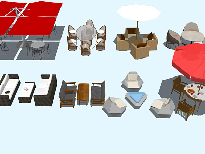 Outdoor Table And Chair Sets With Various Designs Including Umbrellas And Seating 3d model