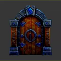 Ornate Fantasy Wooden Door With Red Carved Panels Blue Gemstone And Arch Design