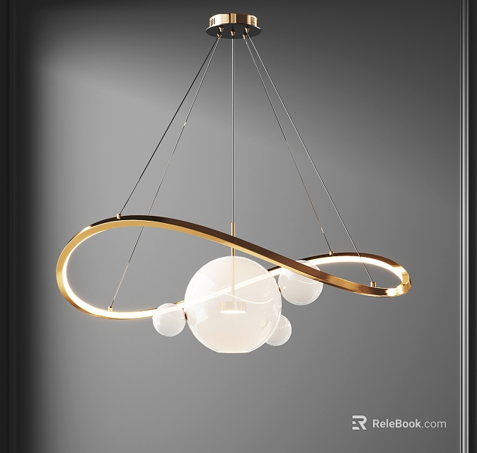 Modern Chandelier With Golden Ring Structure And White Spherical Shades 3d model 