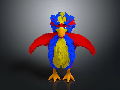 Colorful Anthropomorphic Bird Character With Red Blue Yellow Feathers Standing Pose 3d model