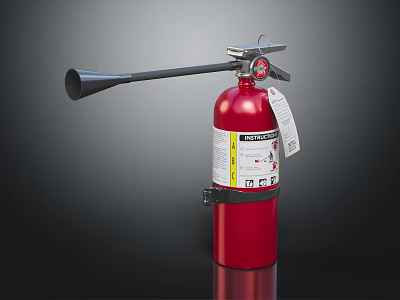 Red Fire Extinguisher With Nozzle Label And Mounting Bracket On Dark Surface 3d model