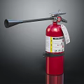 Red Fire Extinguisher With Nozzle Label And Mounting Bracket On Dark Surface 3d model