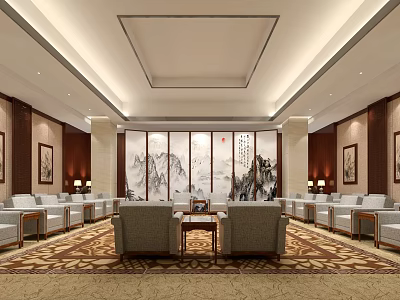 Elegant Chinese Style Conference Room With Landscape Painting Calligraphy And Wooden Walls 3d model